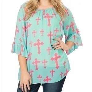 COWGIRL HARDWARE mint and pink off shoulder top
